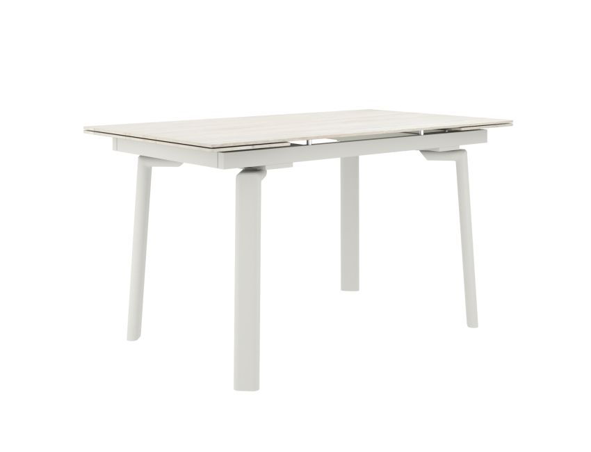 Contemporary extendable travertine and cream dining table with pop-up extension leaves paired with 6 sand faux leather mid-century modern chairs on natural oak frame