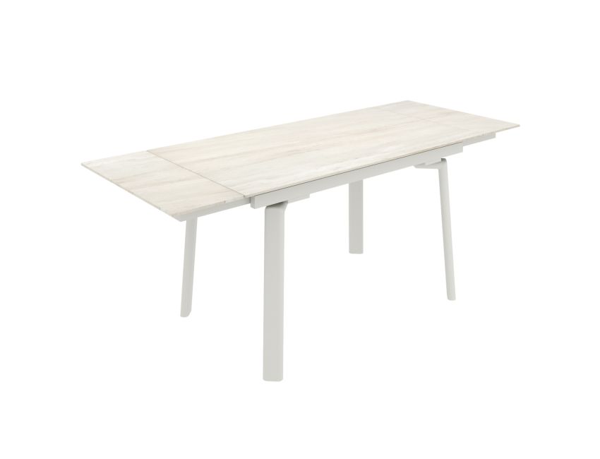 Bellaro and Caspian 7-piece dining room set with waterproof heat and scratch resistant travertine table top and sand and natural oak chairs for modern interiors