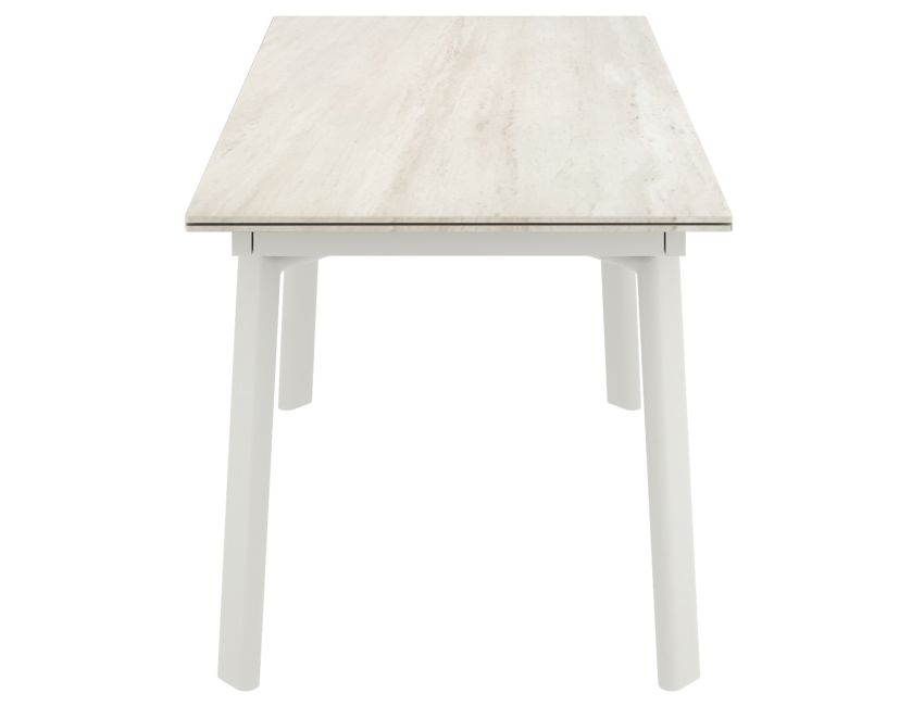 Close-up of Caspian dining chair with sand-toned faux leather seat with stitching details and solid bentwood legs and frame in light oak finish

