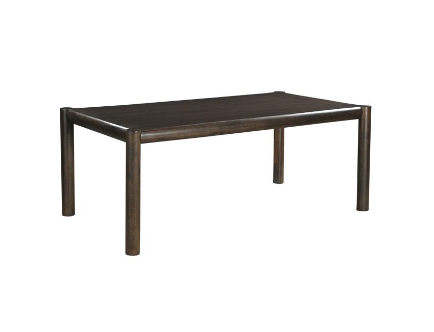 Mid-century modern 7-piece dining set with thick mocha table top and contoured faux leather dark walnut chairs