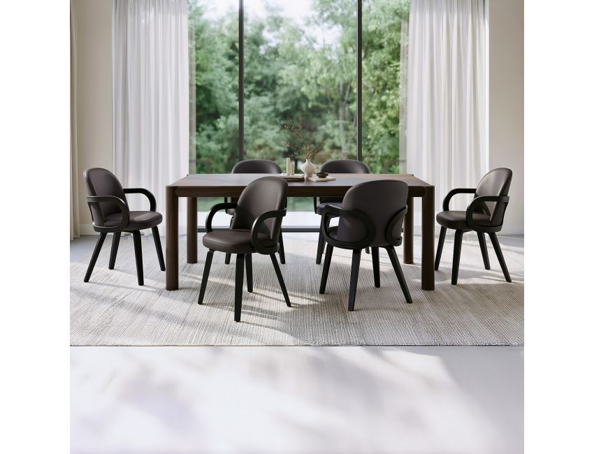 Advik and Celest 7-piece dining set with mocha finish mango wood table and brown vintage faux leather dark walnut chairs