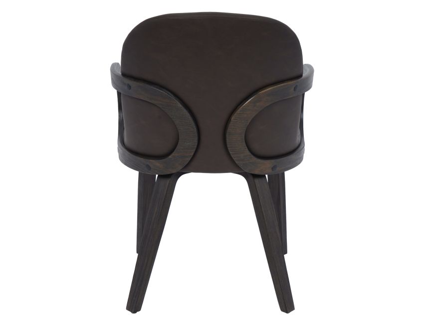 Close-up of Celest dining chair with brown vintage faux leather seat and back and brushed dark walnut bentwood arms and legs