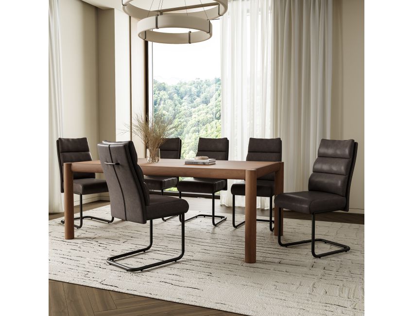 Advik and Brodi 7-piece dining set with walnut finish mango wood table and charcoal faux leather chairs