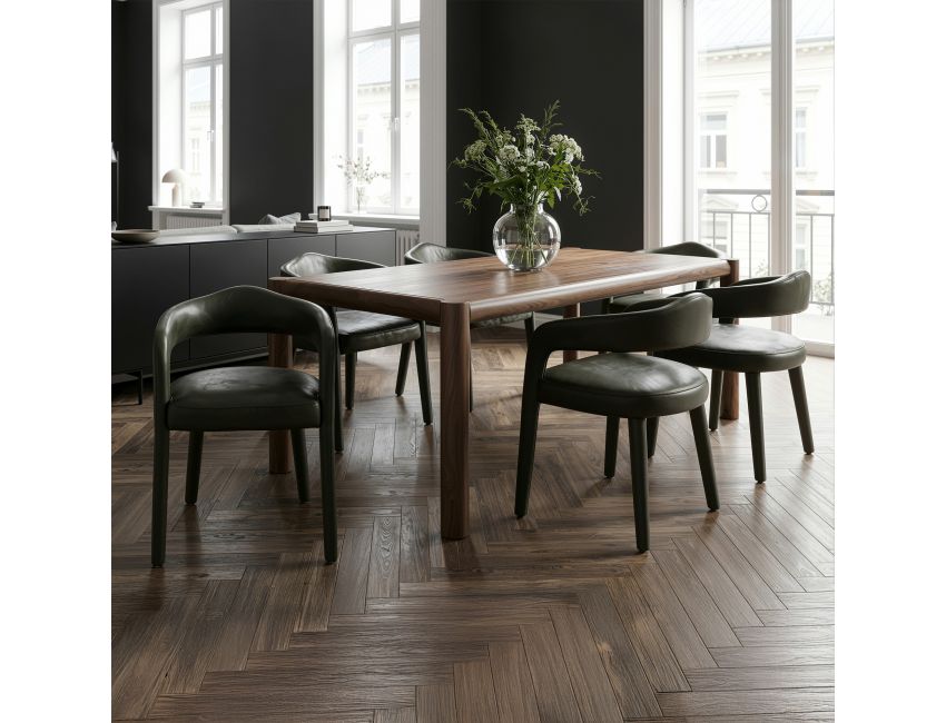 Advik and Caden 7-piece dining set with walnut finish mango wood table and moss vintage faux leather chairs