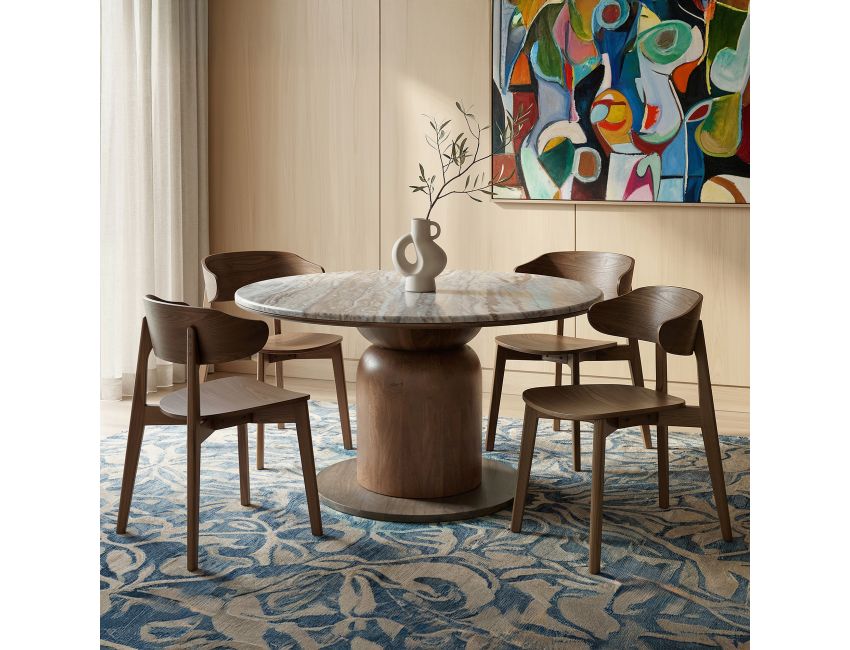 Martina and Khari 5-piece dining set with round walnut mango wood pedestal table with Fantasy Brown marble top and matching walnut chairs
