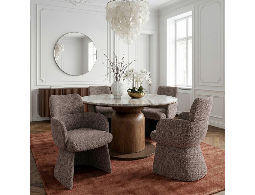 Martina and Titani 5-piece dining set with round walnut mango wood pedestal table with Fantasy Brown marble top and brown boucle upholstered chairs