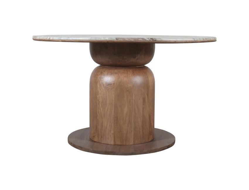 Martina and Titani 5-piece dining room set with 50-inch round walnut marble top table and brown boucle chairs with warm charcoal undertones for modern interiors