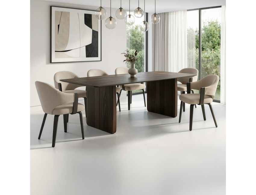 Bazul and Freya 7-piece dining set with solid mocha mango wood boat-shaped table and toffee herringbone dark walnut chairs
