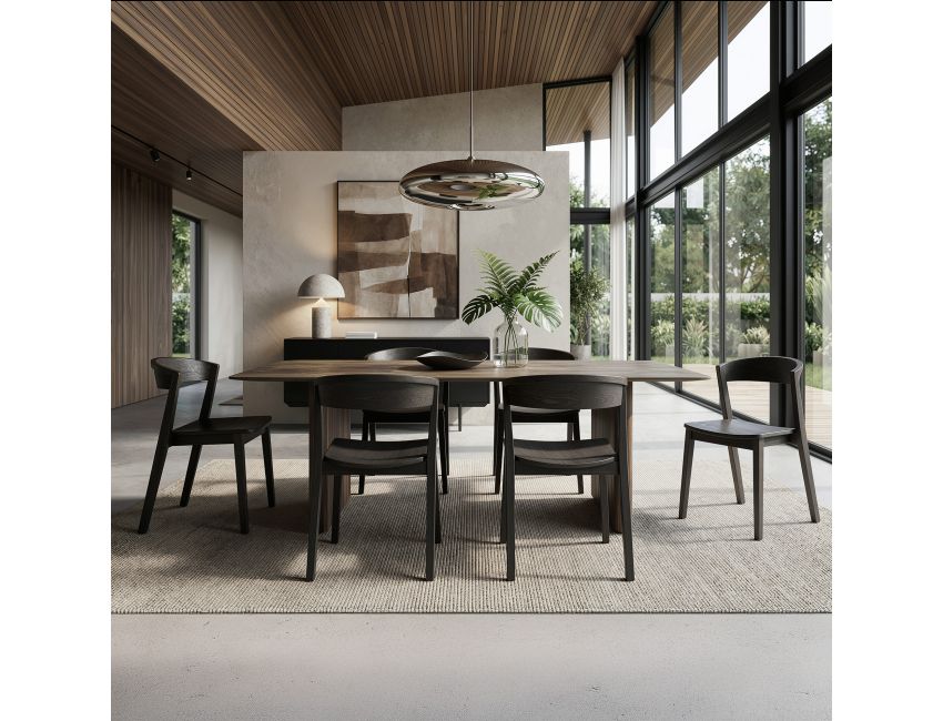Bazul and Nicco 7-piece dining set with solid mocha mango wood boat-shaped table and matching mocha ash veneer chairs