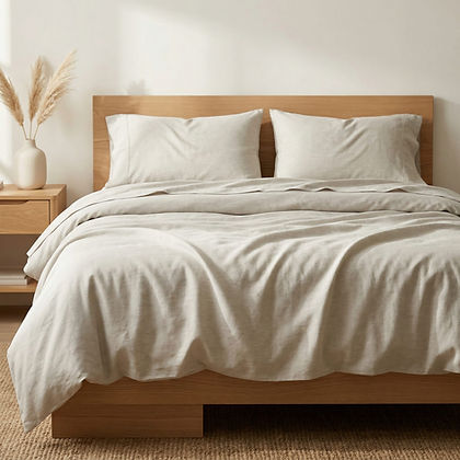 Bamboo Linen Duvet Cover styled on bed – Naturally Cooling & Silky Soft, Concealed Button Closure, 4 Corner Ties – Natural White