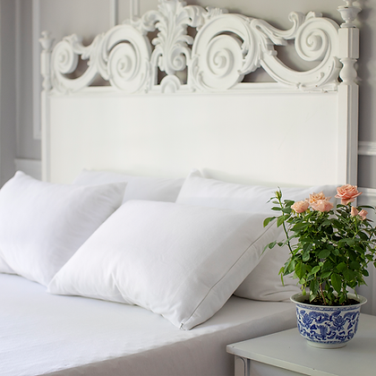 Elegant white bedroom with ornate headboard featuring St. Genève mattress encasement and pillow protectors