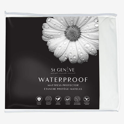 St. Genève Waterproof Mattress Protector packaging with daisy and waterproof certification icons
