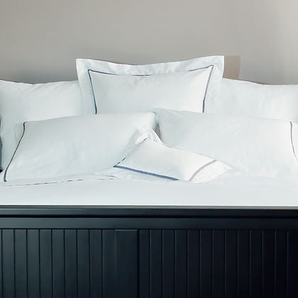 St. Genève Capri Clair sateen duvet cover and shams in white with grey satin stitch detail — 100% Egyptian cotton made in Italy