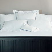 St. Genève Capri Clair sateen duvet cover and shams in white with grey satin stitch detail — 100% Egyptian cotton made in Italy