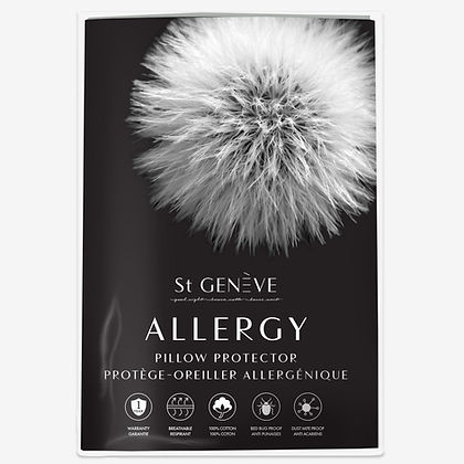 St. Genève Allergy Pillow Protector packaging with dandelion design, 100% cotton, breathable, and dust mite proof icons