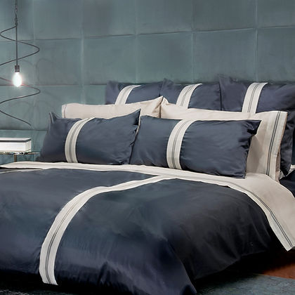 St. Genève Capri Sussex Jacquard Border duvet cover in Soot — 300TC Egyptian cotton sateen with jacquard border detail, sewn in Canada