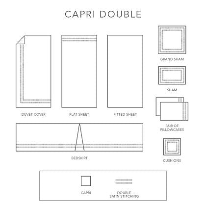 Capri Double bedding diagram showing duvet cover, flat sheet, fitted sheet, bedskirt, shams, pillowcases, and cushions with double satin stitch detail by St. Genève