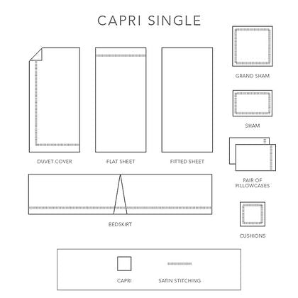 Capri Single bedding diagram showing duvet cover, flat sheet, fitted sheet, bedskirt, shams, pillowcases, and cushions with satin stitch detail by St. Genève