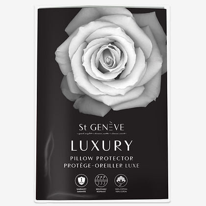St. Genève Luxury Pillow Protector packaging with black rose design, 100% cotton and breathability icons