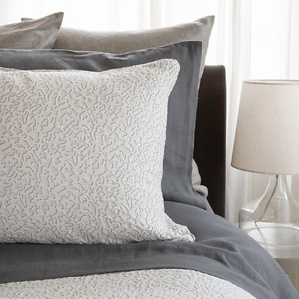 Athena Jacquard Sterling duvet cover in grey cotton-linen blend by St. Genève, Italian jacquard weave with Capri Grey backing and knife edge finish