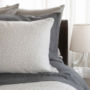 Athena Jacquard Sterling duvet cover in grey cotton-linen blend by St. Genève, Italian jacquard weave with Capri Grey backing and knife edge finish