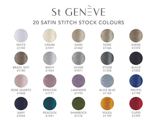 St. Genève Capri Single 20 satin stitch stock colours including White, Navy, Peacock, Lavender, and more

