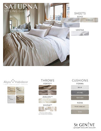 Saturna by St. Genève styling guide – coordinating sheets, throws, and cushions colour options