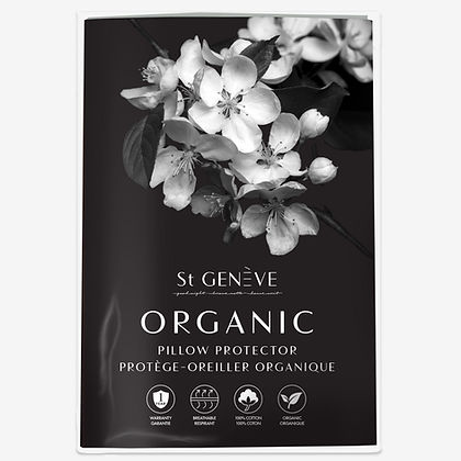 St. Genève Organic Pillow Protector product packaging with floral design and organic certification icons