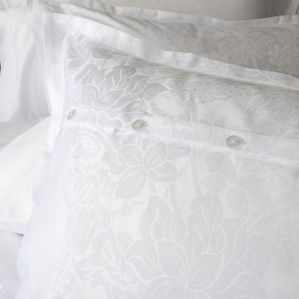 Eterna Collection Fiori Jacquard Duvet Cover styled on bed – St. Genève elegant floral bedding