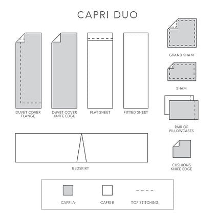 A black and white sewing pattern instruction sheet titled 'CAPRI DUO' showing flat layout diagrams of bedding components including duvet covers, fitted sheets, sham, pillowcases, bedskirt, and capris, with stitch and edge markings.