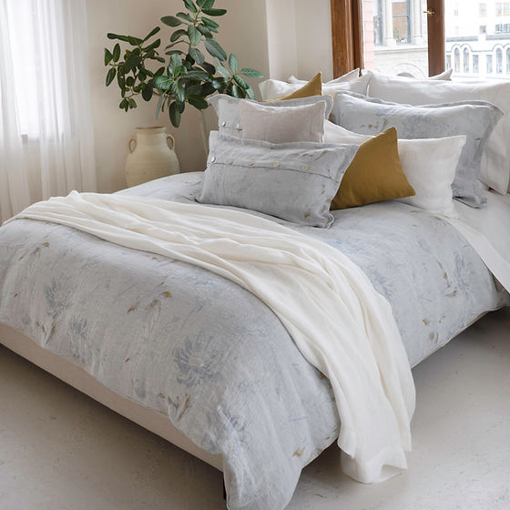 Fortuna Jacquard Linen Duvet Cover in sky blue, denim and ochre - 100% Italian linen by St Genève