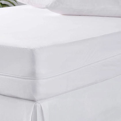 St. Genève Complete Mattress Encasement fitted on a mattress showing full 6-sided coverage and clean white finish