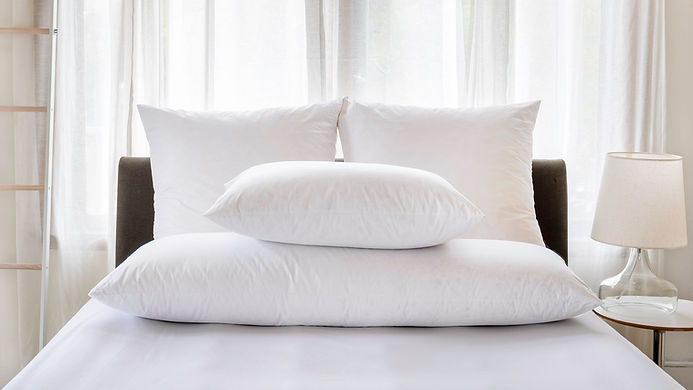 St. Genève body pillow displayed alongside standard and queen pillows on a white bed showing size comparison