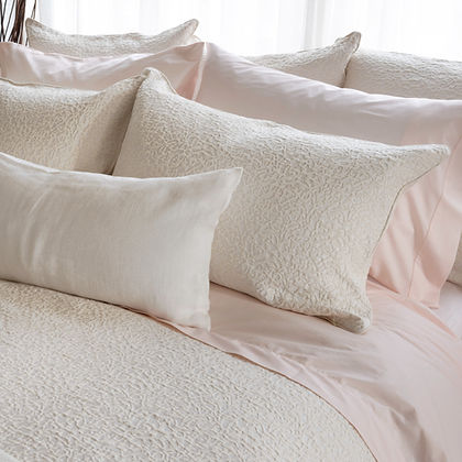 Athena Jacquard Parchment duvet cover in warm cream cotton-linen blend by St. Genève, Italian jacquard weave with Capri Cream backing and knife edge finish