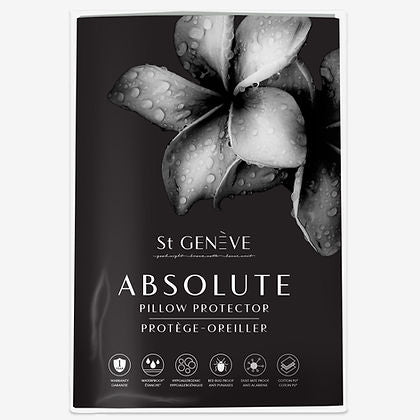 St. Genève Absolute Pillow Protector packaging with black floral design, waterproof, hypoallergenic, and bed bug proof icons