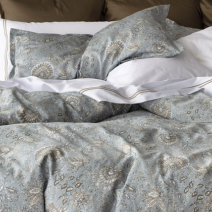 Eloise Printed Sateen Duvet Cover styled on bed – St. Genève luxury cotton bedding