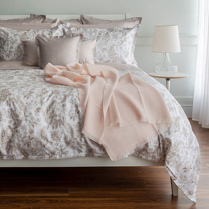 Melody Printed Sateen Duvet Cover styled on bed – St. Genève luxury cotton bedding