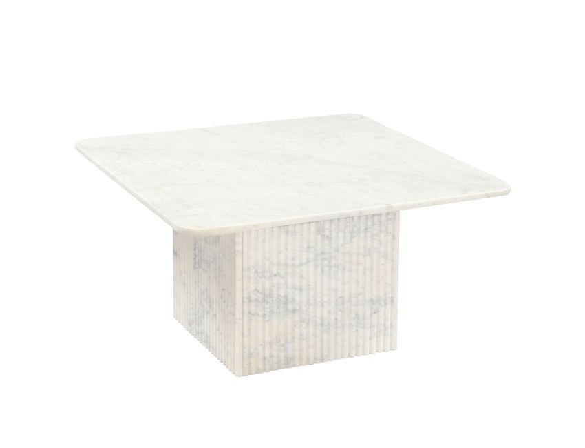 Roland square white marble coffee table with solid marble fluted pedestal base