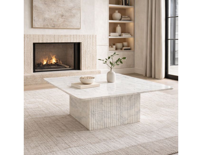 Close-up of Roland coffee table solid marble reeded square pedestal base in white