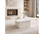 Close-up of Roland coffee table solid marble reeded square pedestal base in white