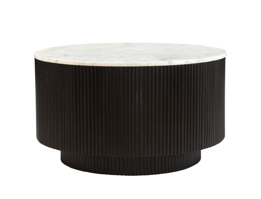 Reyna round coffee table with white marble top and black finish mango wood reeded base