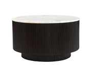 Reyna round coffee table with white marble top and black finish mango wood reeded base