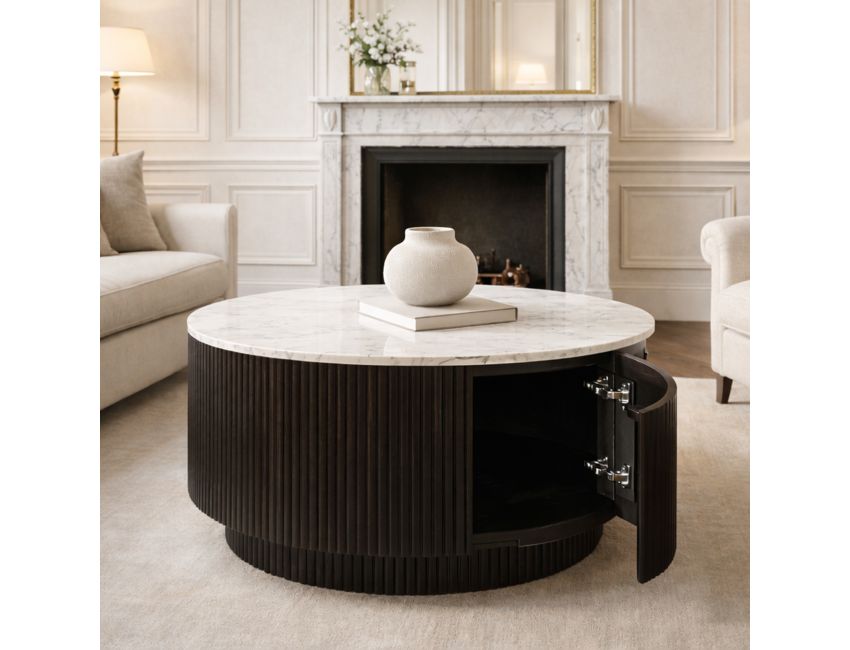 Reyna black coffee table open swing door revealing hidden storage compartment