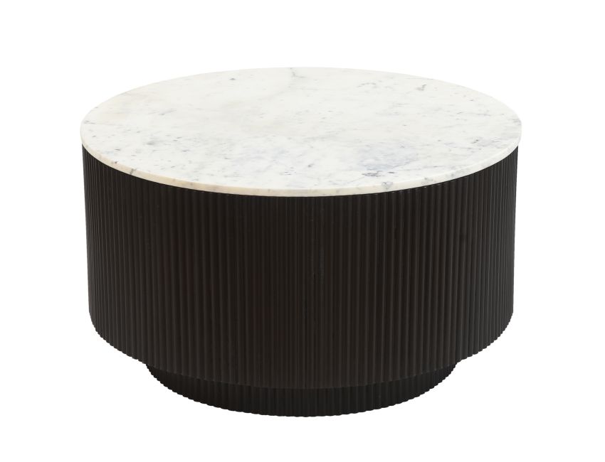 Close-up of Reyna coffee table solid mango wood reeded legs in black finish