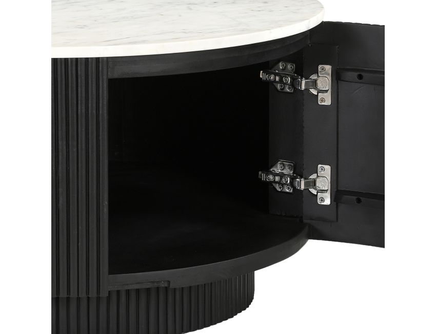 Reyna round marble coffee table in black finish styled in mid-century modern living room