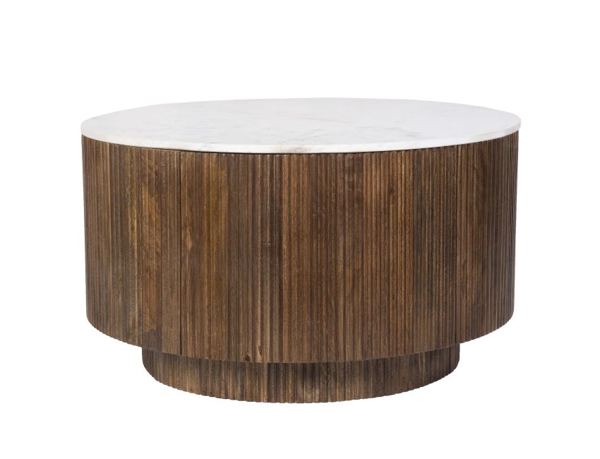 Reyna round coffee table with white marble top and walnut finish mango wood base with reeded design