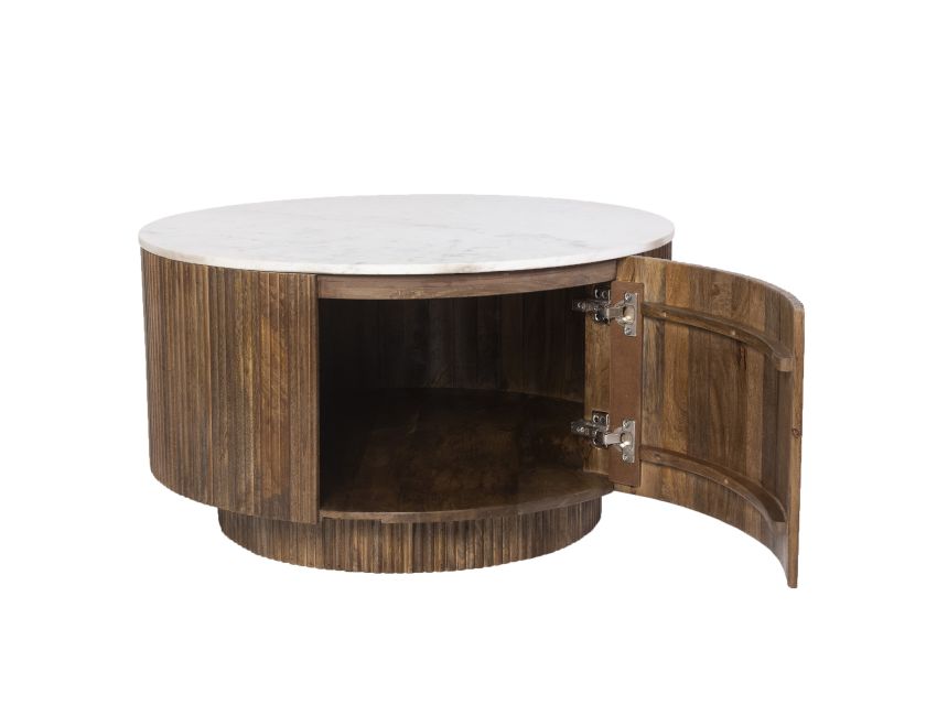 Close-up of Reyna coffee table solid mango wood reeded legs in walnut finish