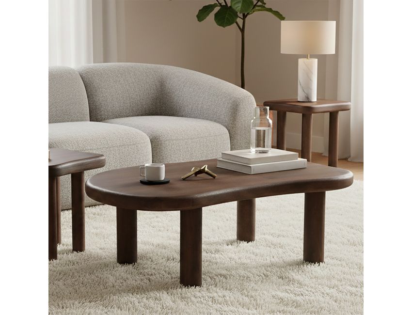 Close-up of Zaloa coffee table 2.5 inch thick rounded edge freeform mango wood table top in dark walnut