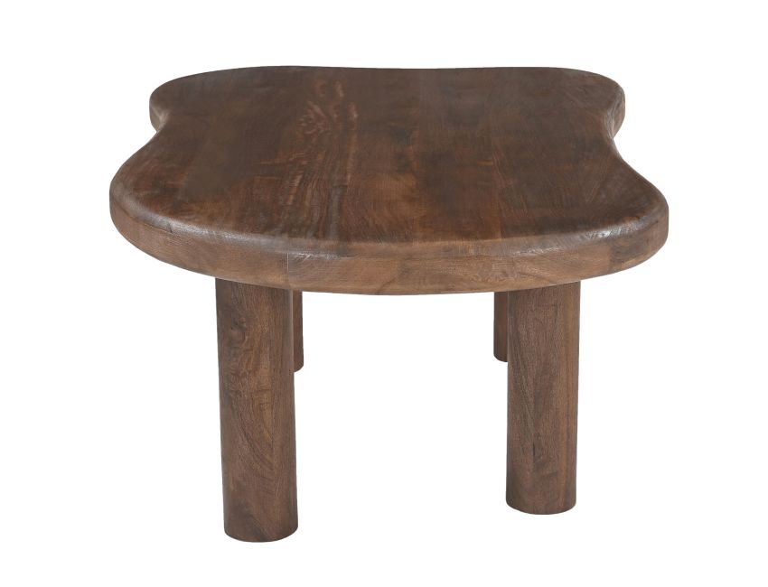 Close-up of Zaloa coffee table thick solid mango wood post legs in dark walnut finish