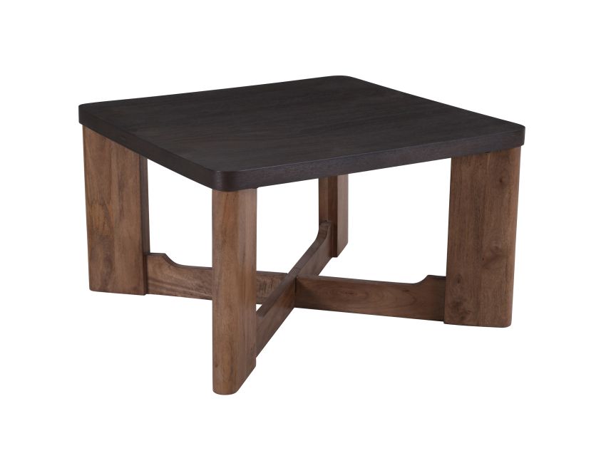 Merano square coffee table with mocha veneer top and walnut finish mango wood cross base